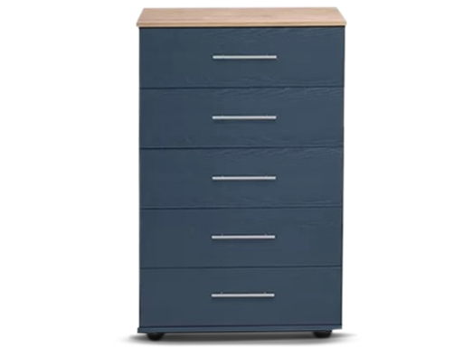 [5-C-N-ABGO-A] Chests - Athens (5 Drawer Chest (Narrow) (W385mm x D420mm x H1170mm), Alby Blue & Gold Oak Top, Handle: A - Nickle T-Bar Handle)
