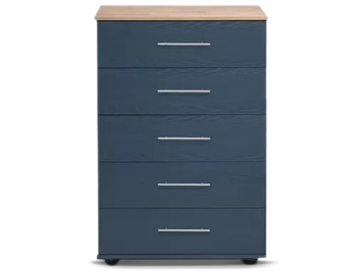 [5-C-W-ABGO-A] Chests - Athens (5 Drawer Chest (Wide) (W760mm x D420mm x H1170mm), Alby Blue & Gold Oak Top, Handle: A - Nickle T-Bar Handle)