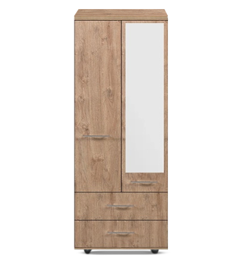 [2-D-C-GO-A-MR-Y-RD-OUT] Wardrobe - Athens - 2 Door Combi (750W x 545D x 1880H) (Gold Oak, Handle: A - Nickle T-Bar Handle, Mirror: Yes (Right Door Outside))