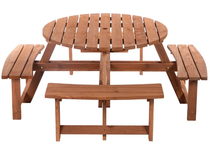 Outdoor Furniture - Picnic Table & Benches (Wooden) with Parasol & Base