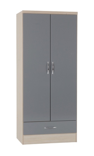 Wardrobes - Volos - 2 Door 1 Drawer Combi (Light Oak & Grey Gloss Fronts)